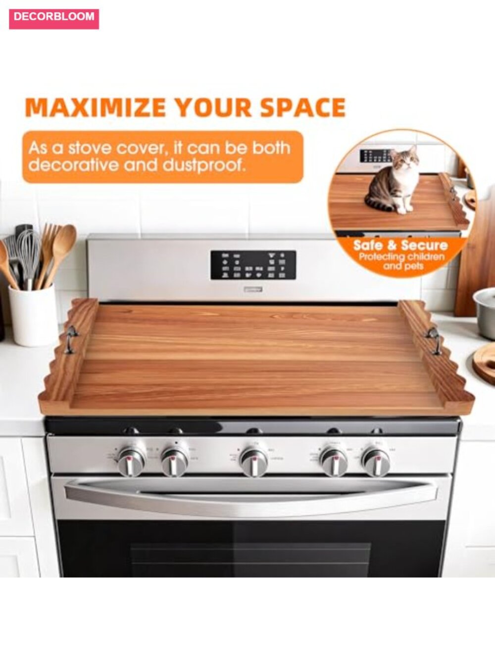 Acacia Wood Stove Top Cover, Wave Edge Cutting Board & Serving Tray for Kitchen - Picture 3 of 6